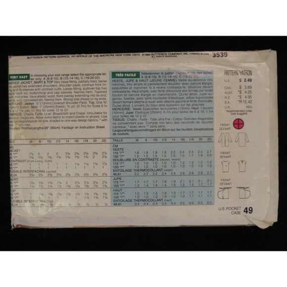 1994 See & Sew Butterick 3539 PATTERN Skirt Top - Picture 2 of 2